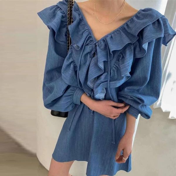 

casual dresses loose autumn v lace up ruffled denim dress mini robe retro vestido feminino maxi long sleeve jeans, Black;gray