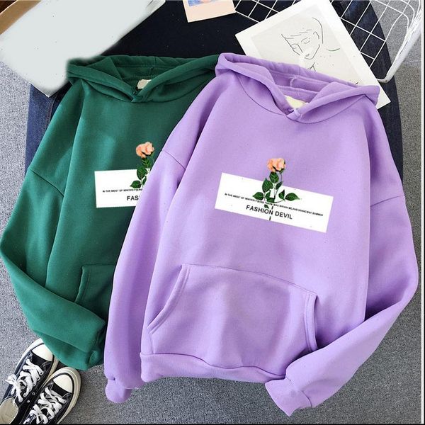 

spring autumn rose printed pocket women hoodies oversized harajuku hooded pullovers, Black