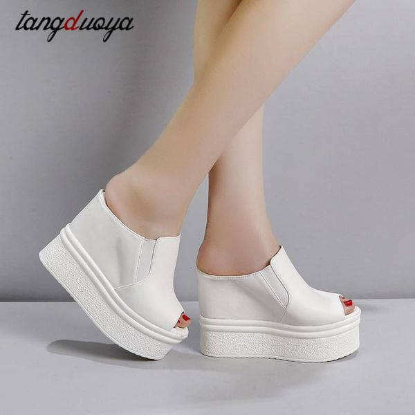 

fashion women sandals platform wedge pu leather mules open toe slides shoes summer large size solid black white slippers