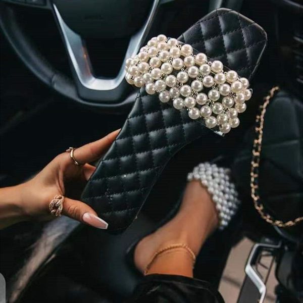 

women pearl beach shoes flat woman sandals string bead summer lady fashion slippers cute designer slides, Black