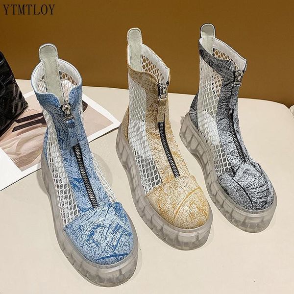 

front zipper ankle boots thick soled breathable mesh hollow ytmtloy round toe botas de mujer chaussures femme, Black