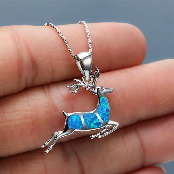 

pendant necklaces cute animal elk necklace charm female blue opal vintage silver color chain for women christmas gifts