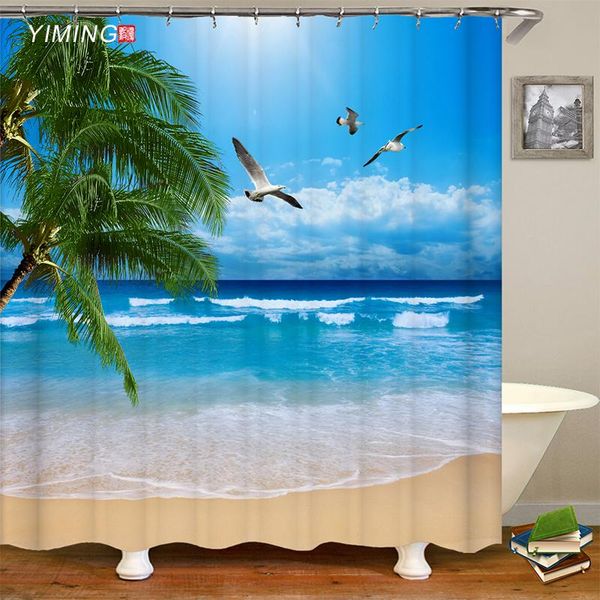 

bathroom 3d shower curtain seaside beach wave printing polyester waterproof belt hook home decoration 200x180cm curtains