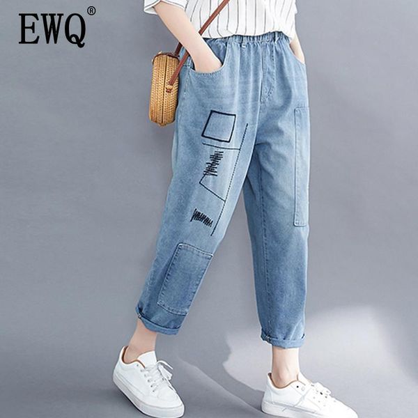 

women's jeans [ewq] 2021 spring summer arrivals high waist solid patter women fashion trend embroidery ankle length denim pants ay27305, Blue