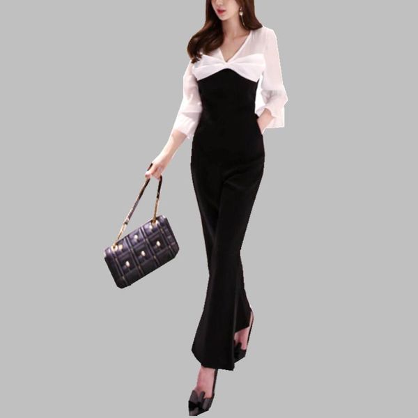 

women's jumpsuits & rompers office ladies summer overalls business black white pathwork work high waist women formal flare jumpsuit