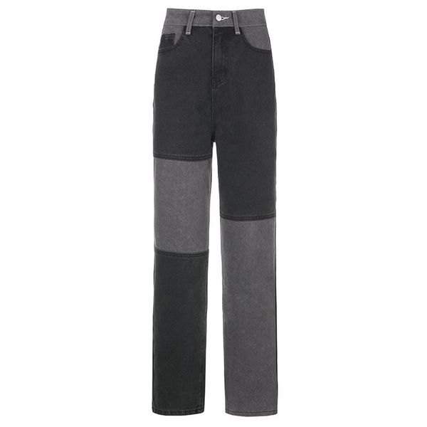 

summer street gray and black wijde pijpen broek contrast stitching hip-hop style loose straight-leg jeans tide brand women's, Blue