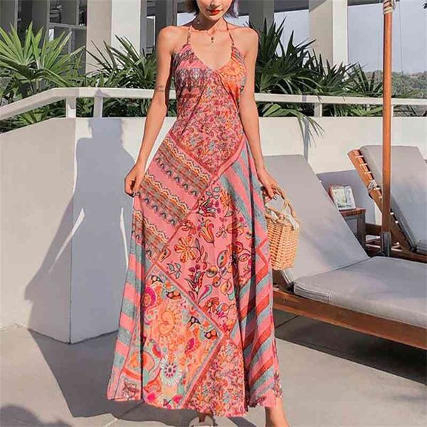 

suspender dress with printed halter and open back skirt, Black