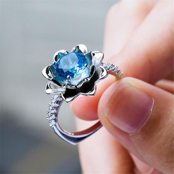 

wedding rings loredana fashion jewelry auspicious plant series for women.exquisite royal blue zircon lotus shape ring, Slivery;golden
