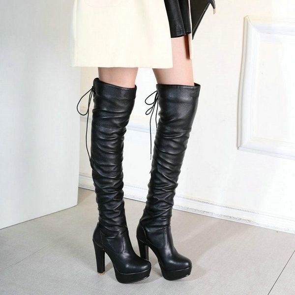 

boots autumn and winter knee lace up thick heel high fashion elastic tube women's, Black