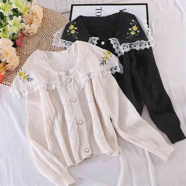 

doll collar knitted women's autumn all-match korean loose long-sleeved cardigan sweater jacket gx1131 210507, White;black