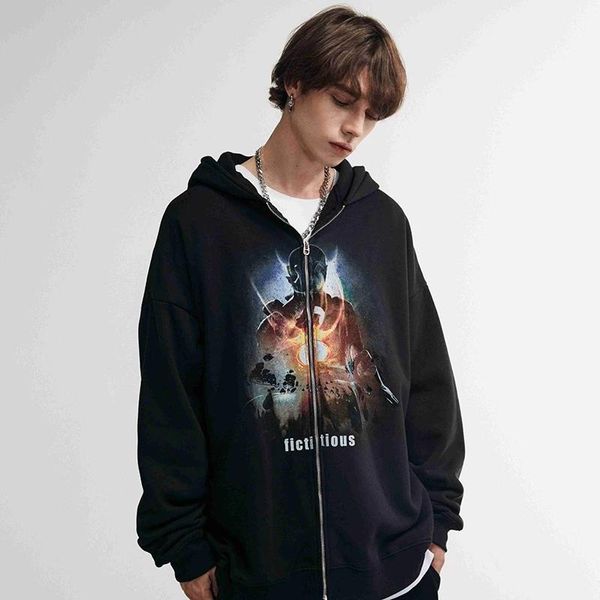 

men's jackets 2021 men patchwork vintage hooded jacket streetwear monster print coat autumn harajuku cotton loose hoodie zipper, Black;brown