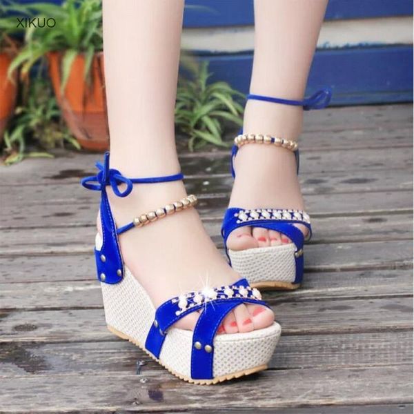 

sandals slope heel women shoes fashion versatile beaded summer high heels, Black