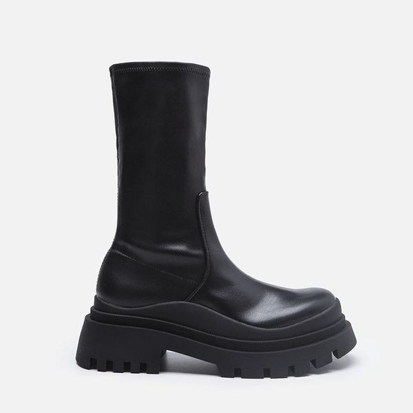 

boots retro genuine leather cross-tied women ankle platforms round toe side zipper shoes woman autumn working casual, Black