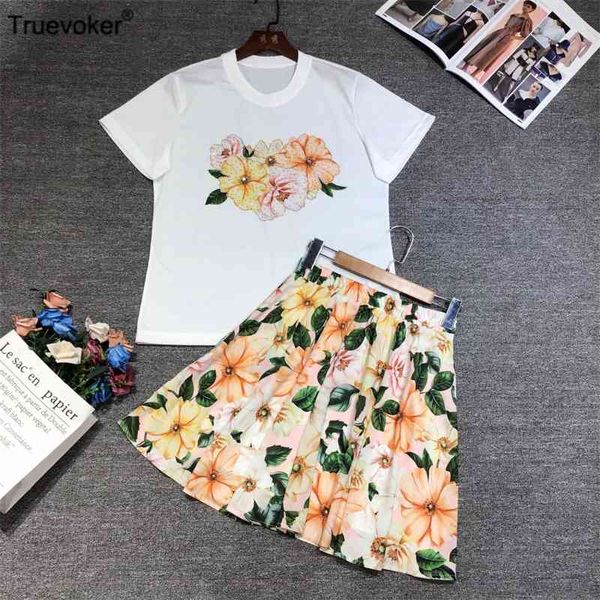 

truevoker european runway high street female skirt set women dimmond tee -shirt + waist print et 210602, White