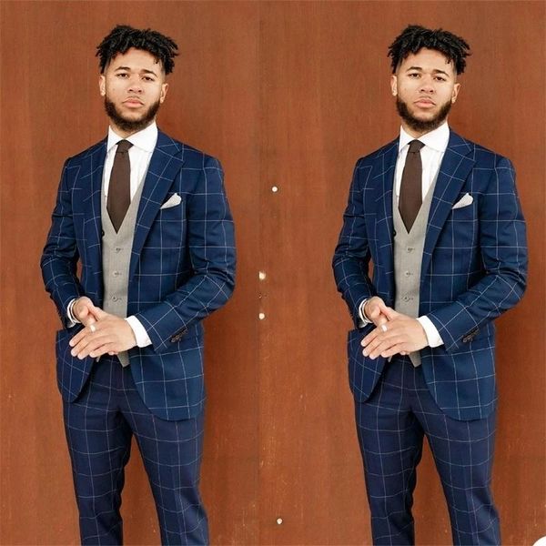 

men's suits & blazers plaid formal blue check wedding set blazer masculino custom made peaked lapel jacket+vest+pants 3 pieces groom tu, White;black