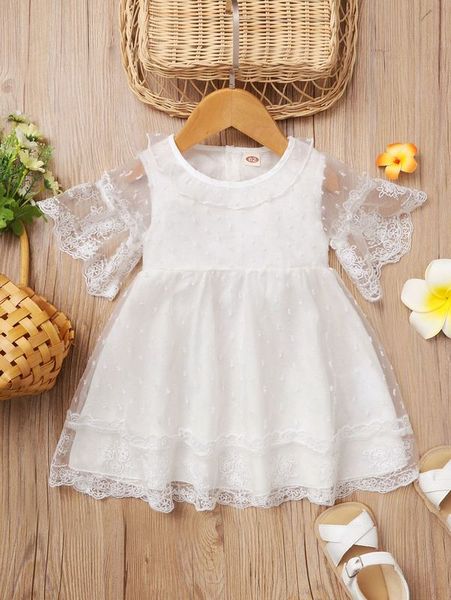 

baby swiss dot flounce sleeve ruffle trim embroidered mesh dress she, Red;yellow