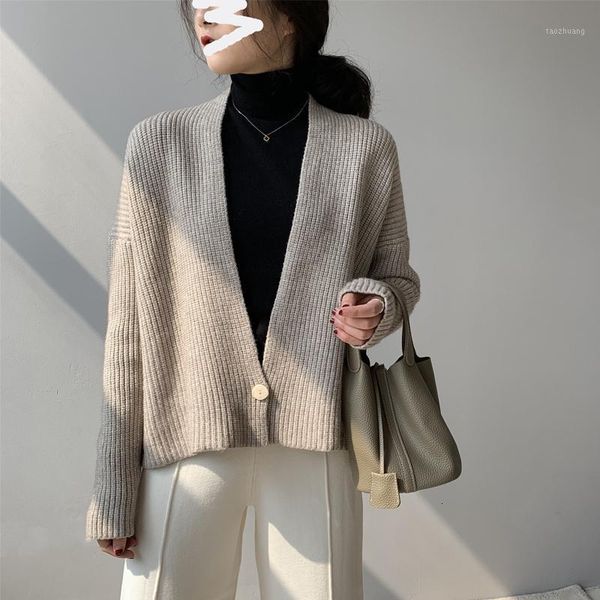 

women's knits & tees atumn v-neck knitted sweater one button design cardigans long sleeve poncho women cape sweaters1 mkwk, White