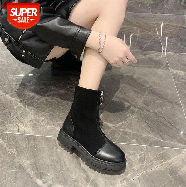 

martin boots women's british style thick heel mid-heel thin skinny retro short front zipper children #jt3a, Black