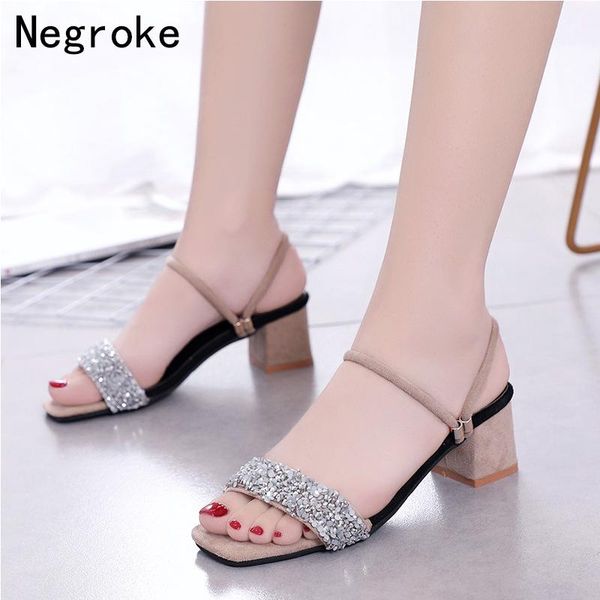 

summer sandals women block heels slippers ladies two-uses square heel sequins ol office lady shoes woman big size, Black