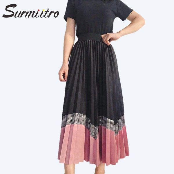

skirts surmiitro plaid patchwork velvet skirt women 2021 autumn winter fashion midi long high waist pleated female a-line, Black