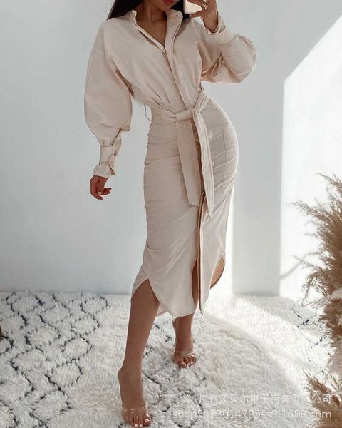 Kadın Sonbahar Moda Zarif Ofis Rahat Gevşek Sashes Uzun Kollu Yarım Yüksek Yaka Elbise Orta Buzağı Katı Bayanlar Elbise Y1006