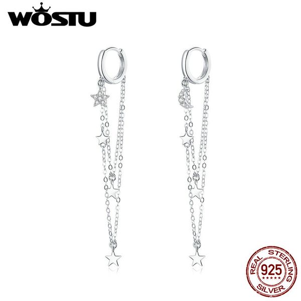 

wostu stars & moon tassel drop earrings 925 sterling silver zircon long chain link for women original silver jewelry cqe982, Golden;silver