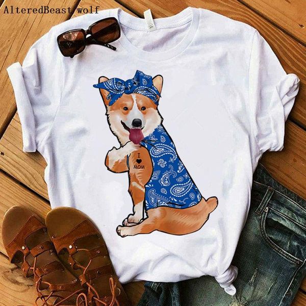 

women's t-shirt summer corgis dog bandana i love mom women harajuku mama funny t shirt female hip hop 2021 short sleeve tshirt clothes, White