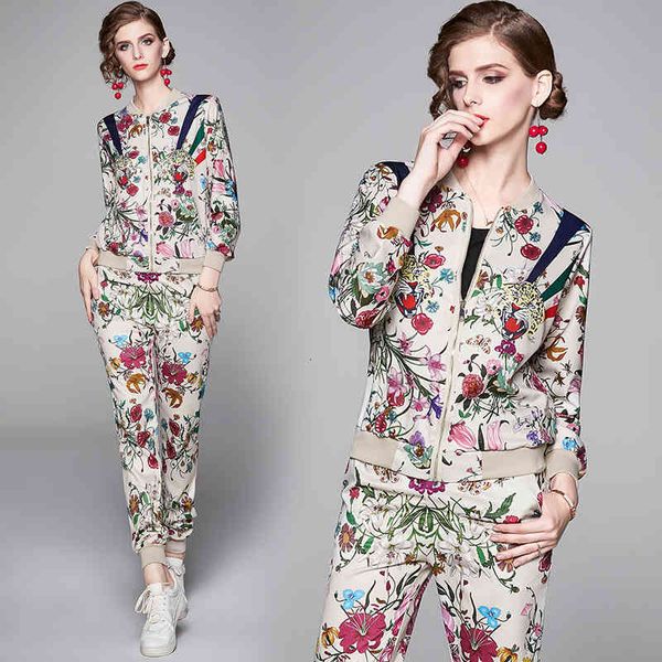 

ladies runway floral two piece sets long sleeve printed jackets coat + long pants 2 pcs slim elegant women's designer two piece pants, White