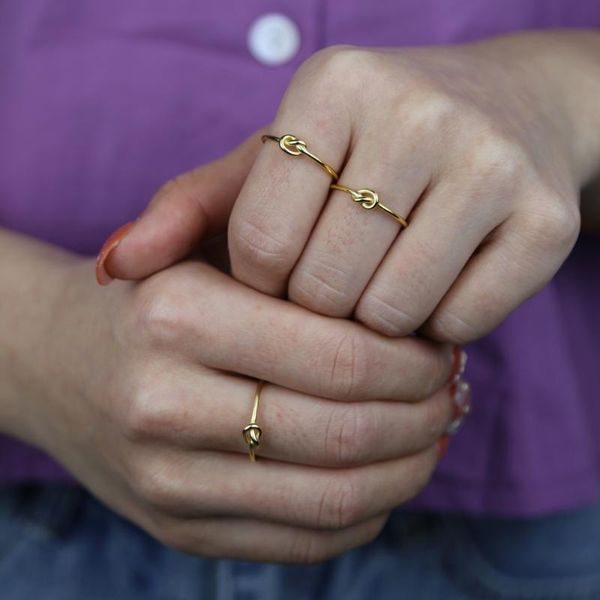 

cluster rings pure 925 sterling silver knot charm minimal delicate ring with gold plated women girl simple tiny band stacking finger, Golden;silver