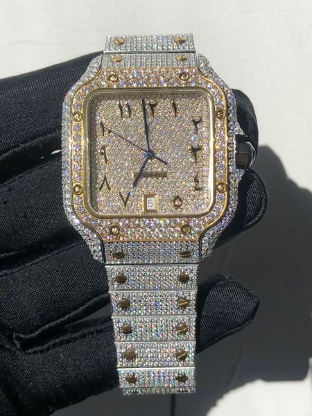 

mechanical watch missfox men's square luxury full ice silver gold crystal 5a zircon diamond box and paper, Slivery;brown