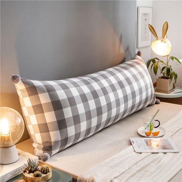 

pillow soft striped checkered bed with large backrest, plush ball decoration long and pillows, rely on playing mobile phone