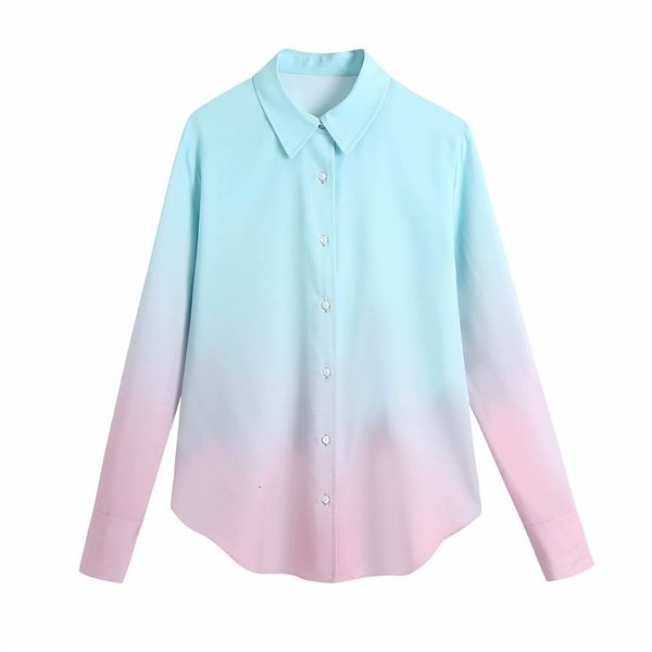 

women's knits & tees women spring fashion tie-dye print blue with pink color za long shirts female casual sleeve turn-down collar, White