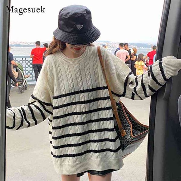 

autumn winter loose pullover women sweater casual striped twist knitted oversize knitwear s pull femme 11947 210512, White;black