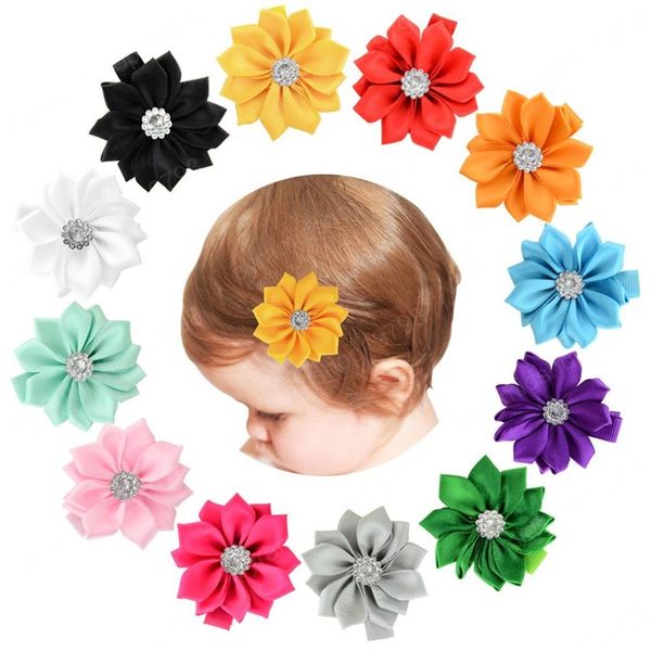 

baby girls hairpins hair clips rhinestone flower barrettes with grosgrain ribbon clip barrette children kids cute headwear accessories, Slivery;white