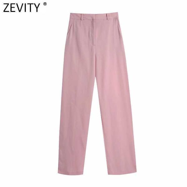

zevity women simply pink color wide leg pants vintage high waist office ladies zipper fly casual pantalones mujer p1023 210603, Black;white