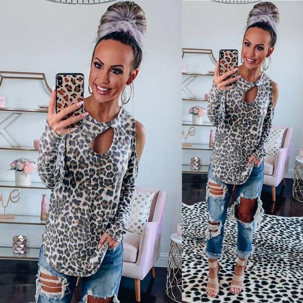 

women's blouses & shirts fashion women autumn cold shoulder leopard print blouse lady cut-out neck long sleeve stretch shirt streetwear, White