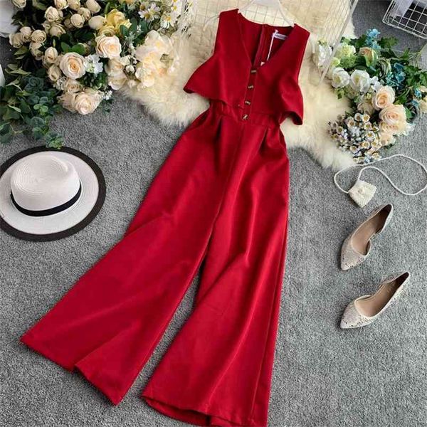 

women's summer overalls korean version of loose sleeveless nine-point wide-leg pants high-waist tooling slim ll018 210507, Black;white