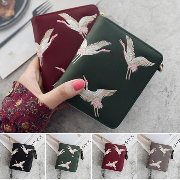

wallets arrival women leather wallet purses female cranes embroidered short coin zipper purse cards holder, Red;black