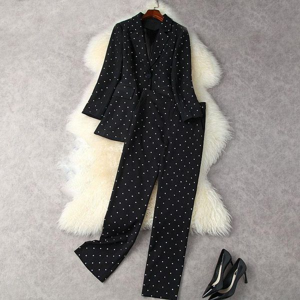 

women's two piece pants est 2021 fashion designer blazer suit set single button strass diamonds beaded, White