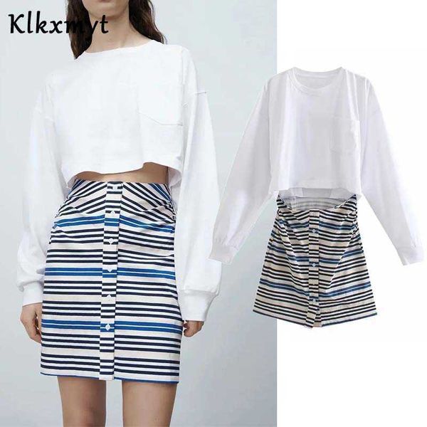 

klkxmyt za mini dress woman patchwork striped spring fashion waist cut out long sleeve es casual girl 210527, Black;gray