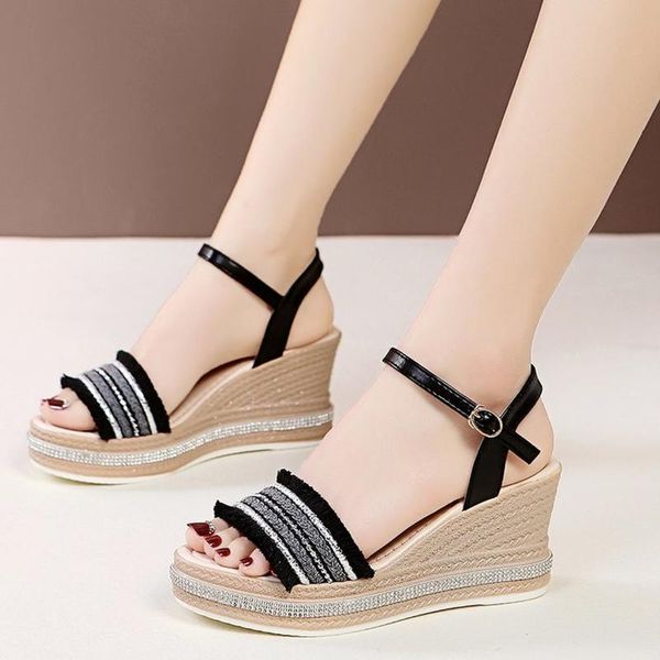 

sandals spring 2021 pointed single shoe slope heel high heels suede leather rhinestones fashionable women's shoes comfortable, Black
