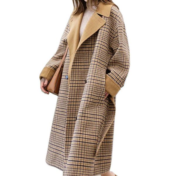 

women's wool & blends woolen coat 2021 winter long blend jacket double-breasted belts female plaid elegant outerwear 820, Black