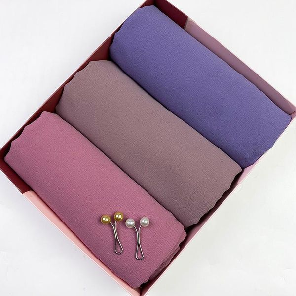 

scarves 3pcs/box bubble chiffon muslim hijab scarf gift boxes plain wrap purple solid color shawls headband foulard women stoles, Blue;gray