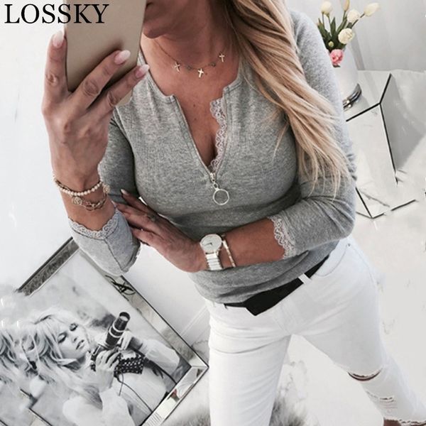 

knitted lace parchwork bodycon t shirt harajuku v neck long sleeve autumn slim women's t-shirt zipper korean t-shirts 210520, White
