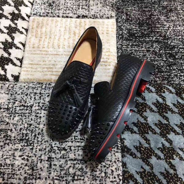 

gentleman moccasin luxury wedding,dress,party men's loafers red bottom rossini flat fish print genuine leather brand walking eu35-47, Black