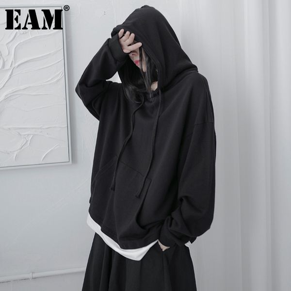 

[eam] loose fit black contrast color sweatshirt hooded long sleeve women big size fashion spring autumn 1dd7034 21512