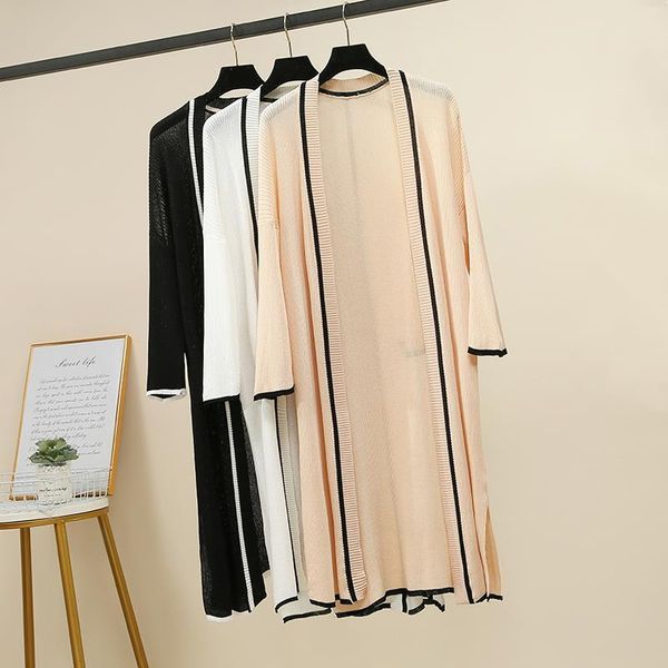 

women's jackets striped mid-length knitted sunscreen cardigan women loose plus size 4xl thin open stitch knitwear coat summer cape over, Black;brown