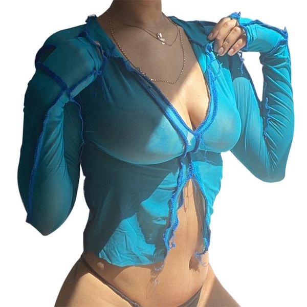 

mesh see through neon crop long sleeve patchwork t shirts v neck party club fashion 2021 tees women's swimwear, White;black