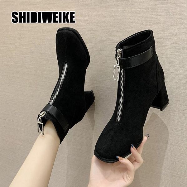 

boots arrivals women suede pu leather square heel toe high heels ankle zipper ladies short va040, Black
