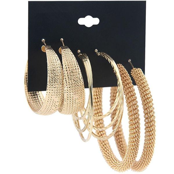 

hoop & huggie 3 pairs/set women classic oversize earrings set gold color metal mix round big circle earring statement jewelry, Golden;silver
